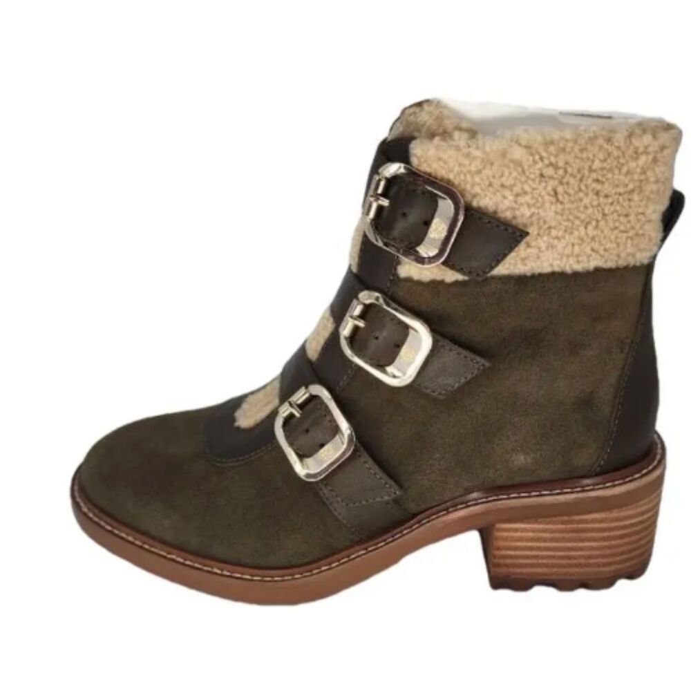 Vince Camuto Klerica Leather and Faux Fur Moto/Hiker Bootin Olive Green, 9.5